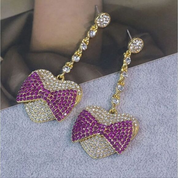 Bedazzled Heart Bow Dangle Earrings - Picture 1 of 6